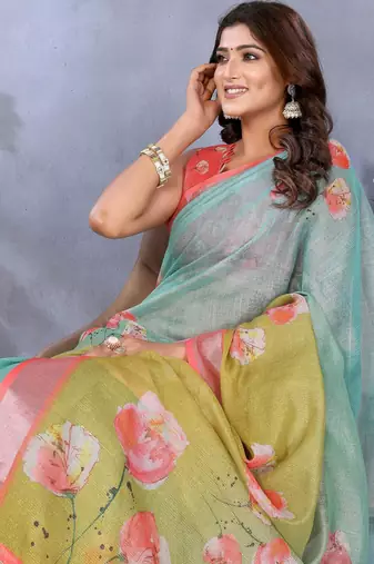 sky blue printed  designer pallu linen saree