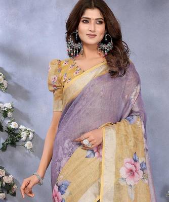 lavender printed  designer pallu linen saree 1
