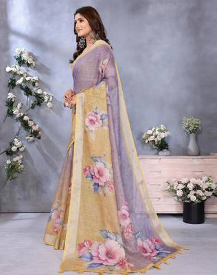 lavender printed  designer pallu linen saree 2