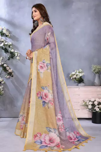 lavender printed  designer pallu linen saree