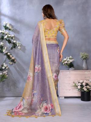 lavender printed  designer pallu linen saree 3
