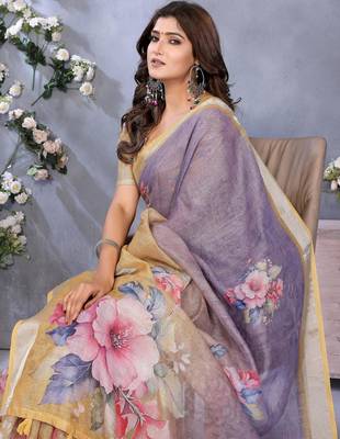lavender printed  designer pallu linen saree 4