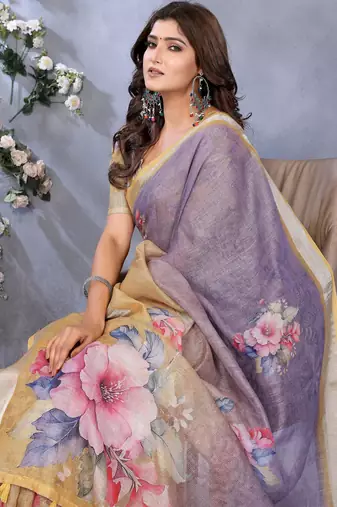 lavender printed  designer pallu linen saree