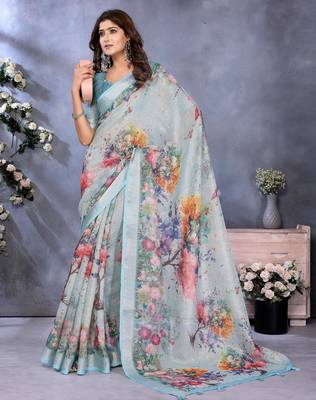 sky blue printed  designer pallu linen saree 1