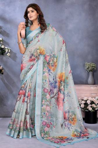 sky blue printed  designer pallu linen saree