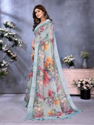 sky blue printed  designer pallu linen saree 2