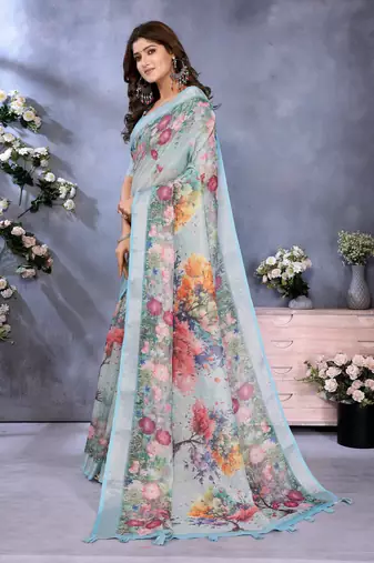 sky blue printed  designer pallu linen saree