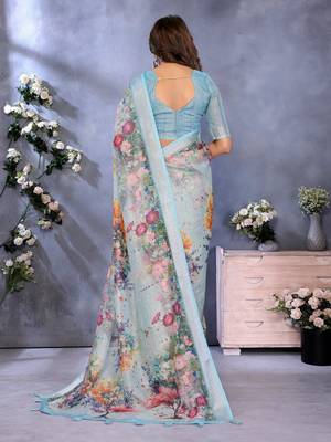 sky blue printed  designer pallu linen saree 3
