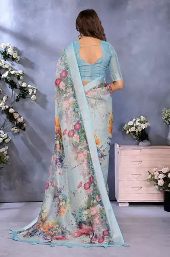 sky blue printed  designer pallu linen saree