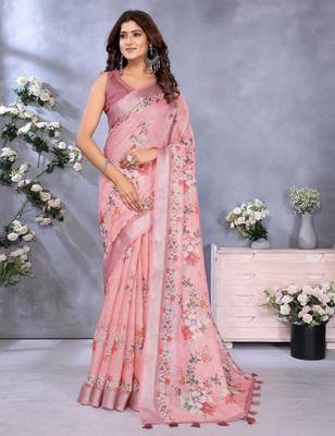 light orange printed  designer pallu linen saree 1