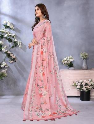 light orange printed  designer pallu linen saree 2