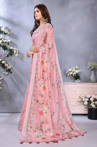 light orange printed  designer pallu linen saree