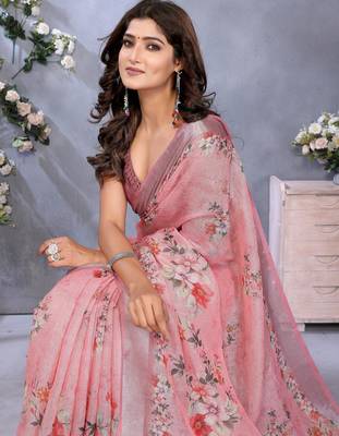light orange printed  designer pallu linen saree 4