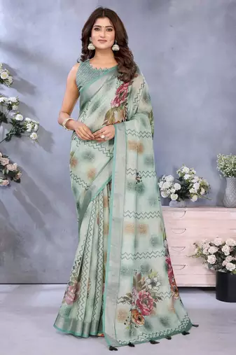 green printed  designer pallu linen saree