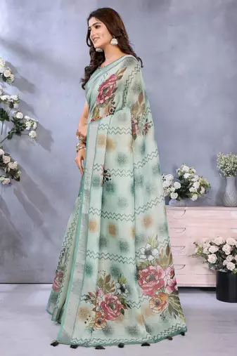 green printed  designer pallu linen saree