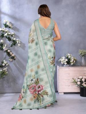 green printed  designer pallu linen saree 3