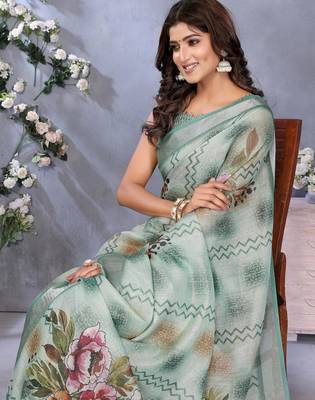 green printed  designer pallu linen saree 4