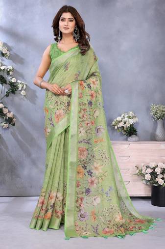 parrot green printed  designer pallu linen saree