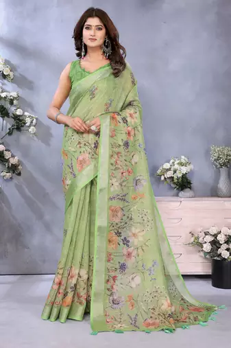 parrot green printed  designer pallu linen saree