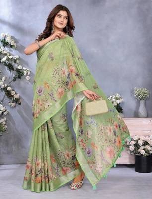 parrot green printed  designer pallu linen saree 2