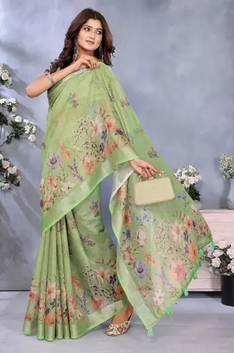 parrot green printed  designer pallu linen saree