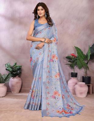grey printed  designer pallu linen saree 1
