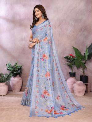 grey printed  designer pallu linen saree 2