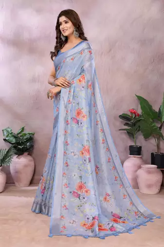 grey printed  designer pallu linen saree
