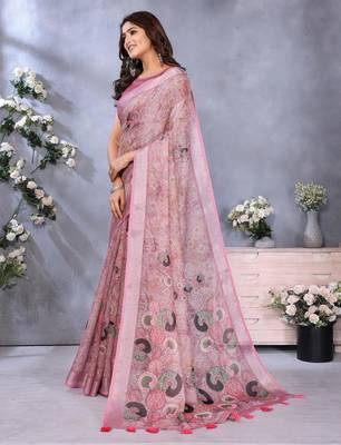 mustard printed  designer pallu linen saree 2