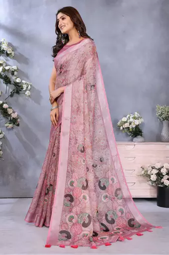 mustard printed  designer pallu linen saree