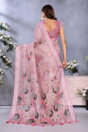 mustard printed  designer pallu linen saree