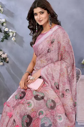 mustard printed  designer pallu linen saree