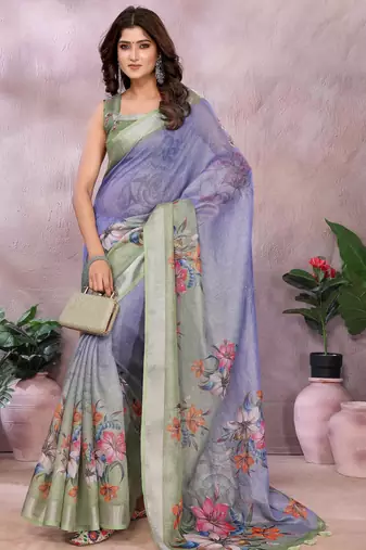 lavender printed  designer pallu linen saree