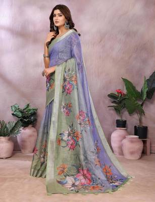 lavender printed  designer pallu linen saree 2