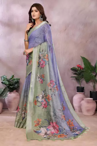 lavender printed  designer pallu linen saree