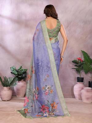 lavender printed  designer pallu linen saree 3