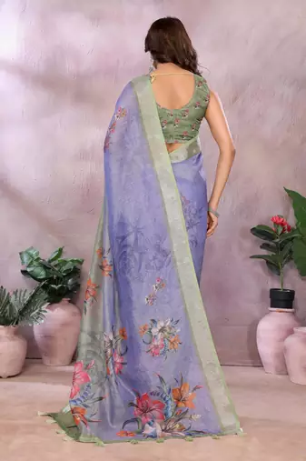 lavender printed  designer pallu linen saree