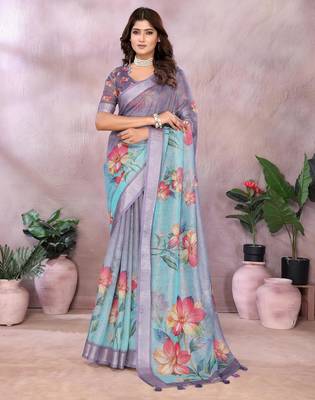 dark lavender printed  designer pallu linen saree 1