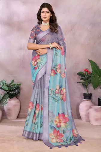 dark lavender printed  designer pallu linen saree