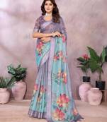 dark lavender printed  designer pallu linen saree