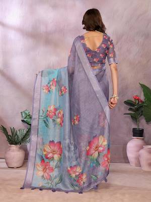 dark lavender printed  designer pallu linen saree 3