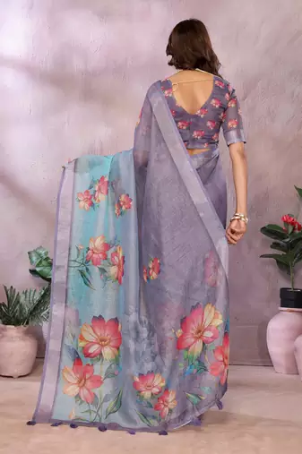 dark lavender printed  designer pallu linen saree