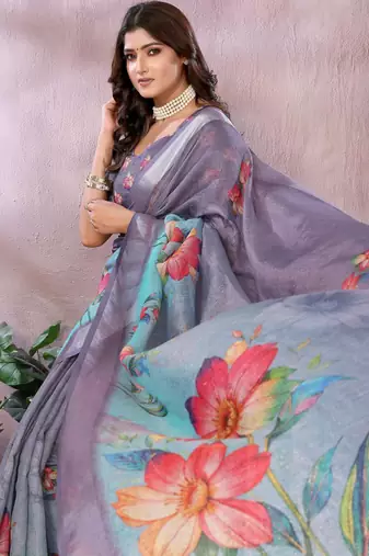 dark lavender printed  designer pallu linen saree
