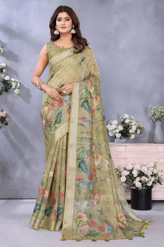 mehendi printed  designer pallu linen saree