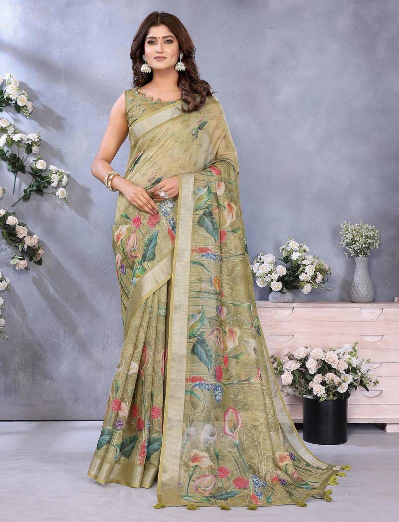 mehendi printed  designer pallu linen saree