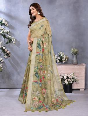 mehendi printed  designer pallu linen saree 2