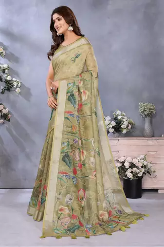 mehendi printed  designer pallu linen saree