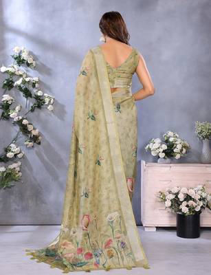mehendi printed  designer pallu linen saree 3