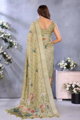 mehendi printed  designer pallu linen saree