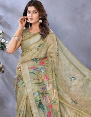 mehendi printed  designer pallu linen saree 4
